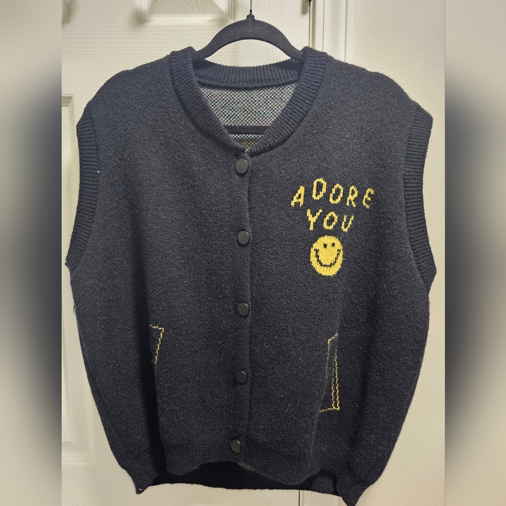 Black Sleeveless Cardigan with Yellow Smiley